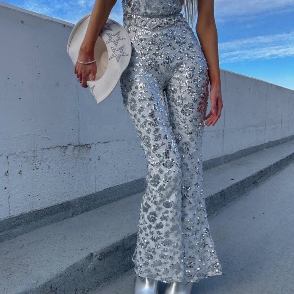 12th Tribe Silver Sequin Boot Cut Jumpsuit